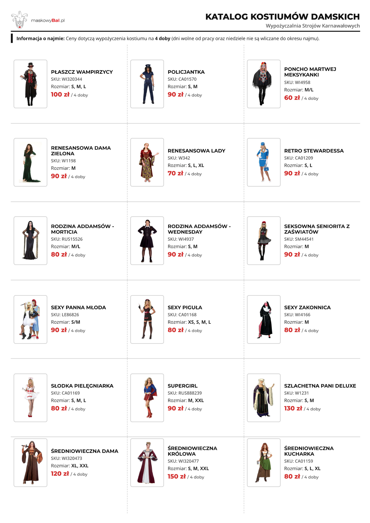Katalog damski wypożyczalni strojów Maskowy Bal